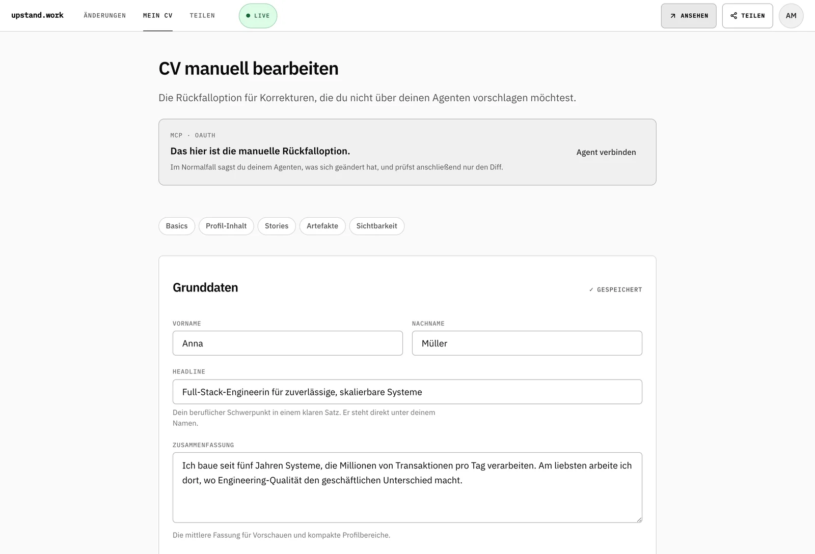 Editor: Grunddaten, Headline und Zusammenfassung eines Profils, mit Hinweis auf die Agentenverbindung.